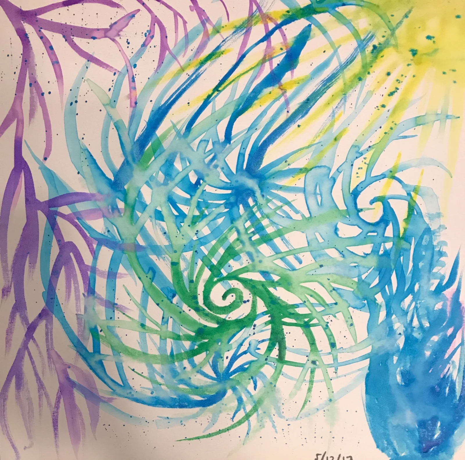 Abstract watercolor of sweeping, feathery strokes in turquoise, blue and green swirling up toward a pale yellow corner, with violet branch-like strokes along the left edge and specks of paint across the paper