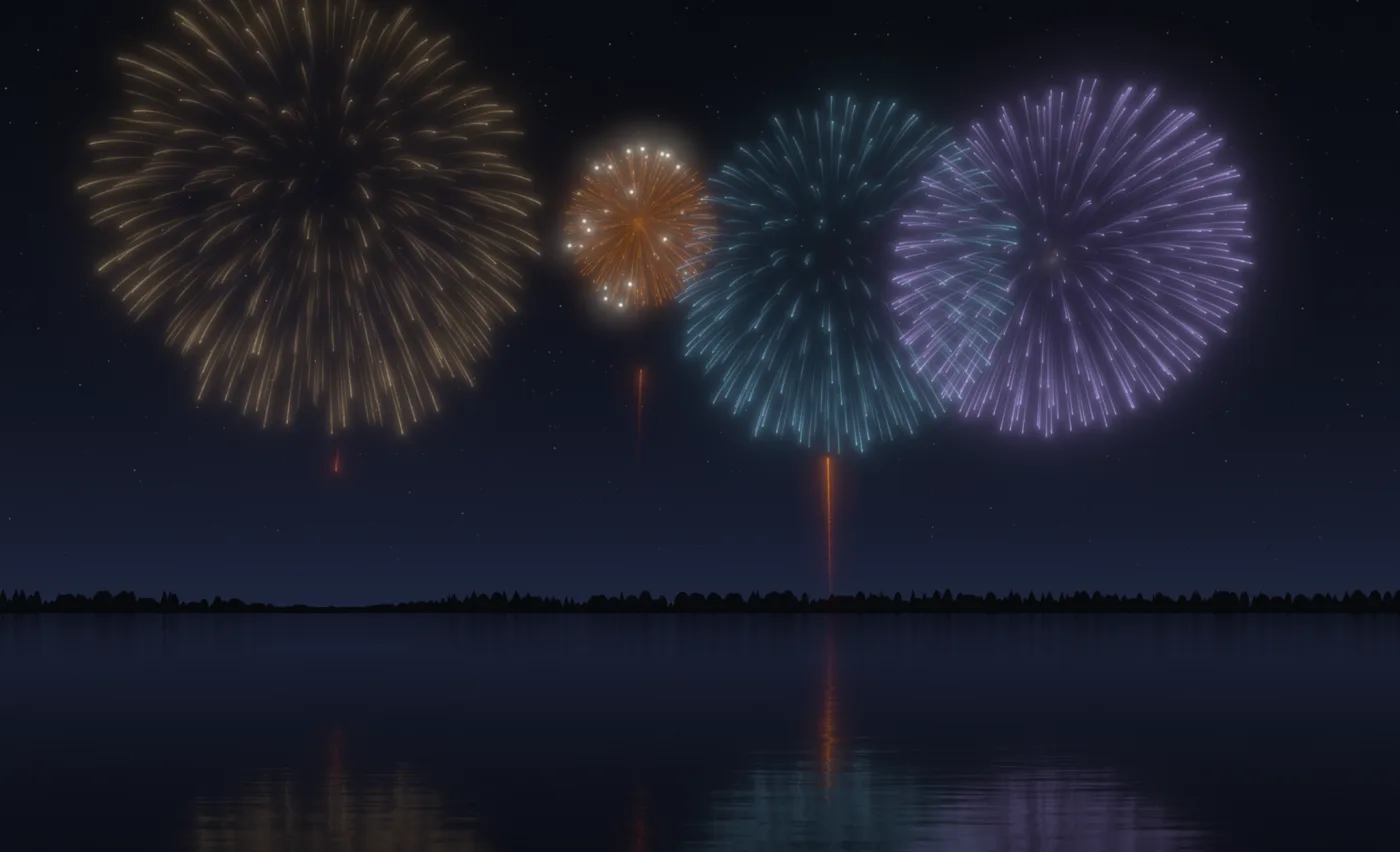 Fireworks bursting over a still lake at night, reflected in the water beneath a dark treeline